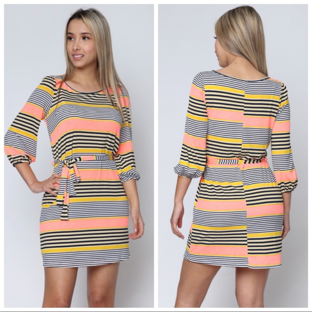 ❤️NEW S Black, Coral, Yellow Tie Waist Dress - Picture 2 of 9